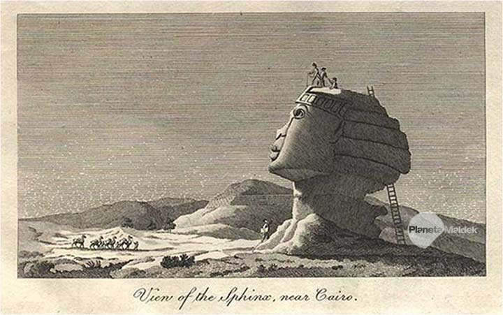 Dibujo de Vivant Denon de 1798. Se nota un hombre emergiendo de la cavidad de la Esfinge