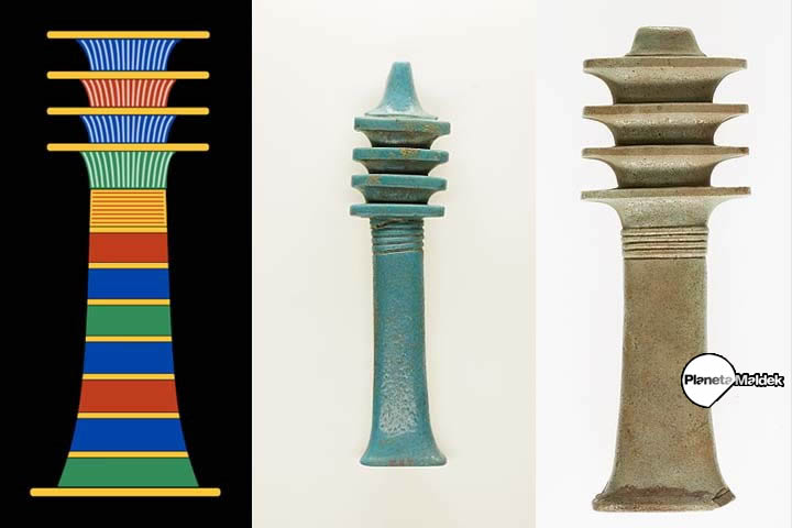 De izquierda a derecha: ilustración moderna, amuleto y escultura del Pilar Dyed, antiguo Egipto