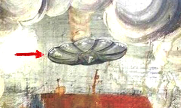 Disco volador representado en una pintura mural en una iglesia medieval rumana