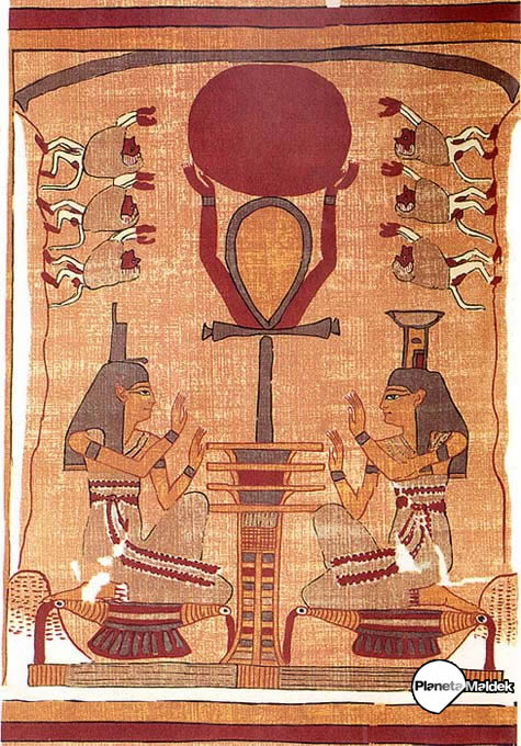 Facsímil de una viñeta del Libro Egipcio de los Muertos (1300 a. C.), con el Dyed, el Anj, el disco solar, diosas Isis y Neftis y babuinos.