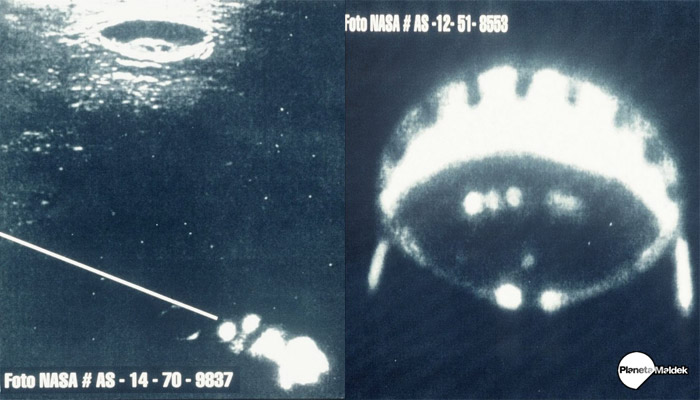 A la izquierda, objeto volando desde el Cráter Lansberg. A la derecha, Nave circular con cientos de metros de diámetros vista sobre la Luna
