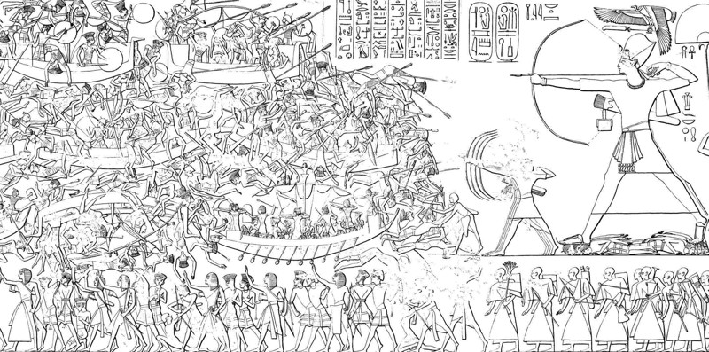 Escena del muro norte de Medinet Habu se usa a menudo para ilustrar la campaña egipcia contra los Pueblos del Mar en lo que se conoce como la Batalla del Delta