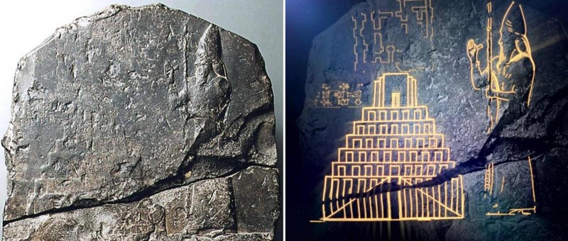 Parte de la "estela de la Torre de Babel", que representa a Nabucodonosor II a la derecha y presenta una representación del gran zigurat de Babilonia (Etemenanki) a su izquierda