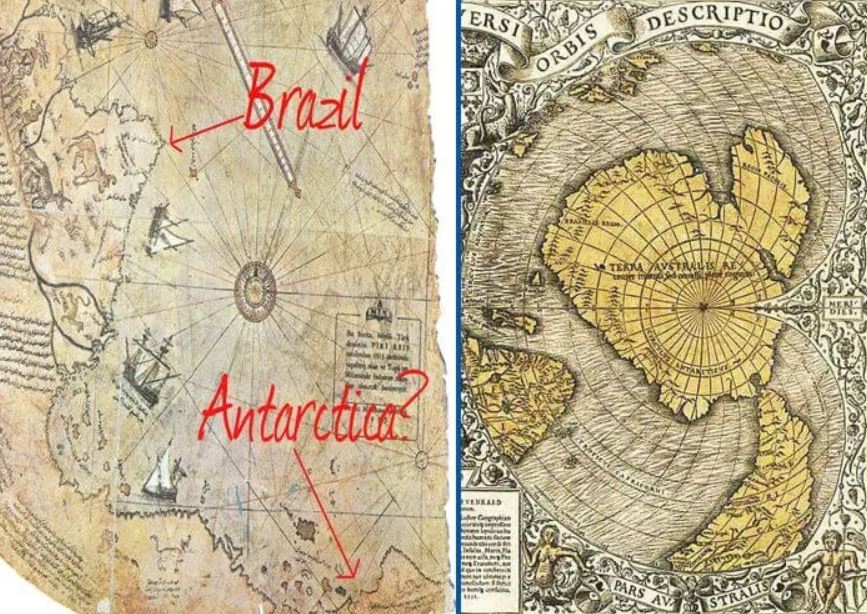 Parte de Piri Reis a la izquierda, parte del mapa de Oronteus Finaeus a la derecha, ambos muestran la Antártida sin hielo más líneas longitudinales
