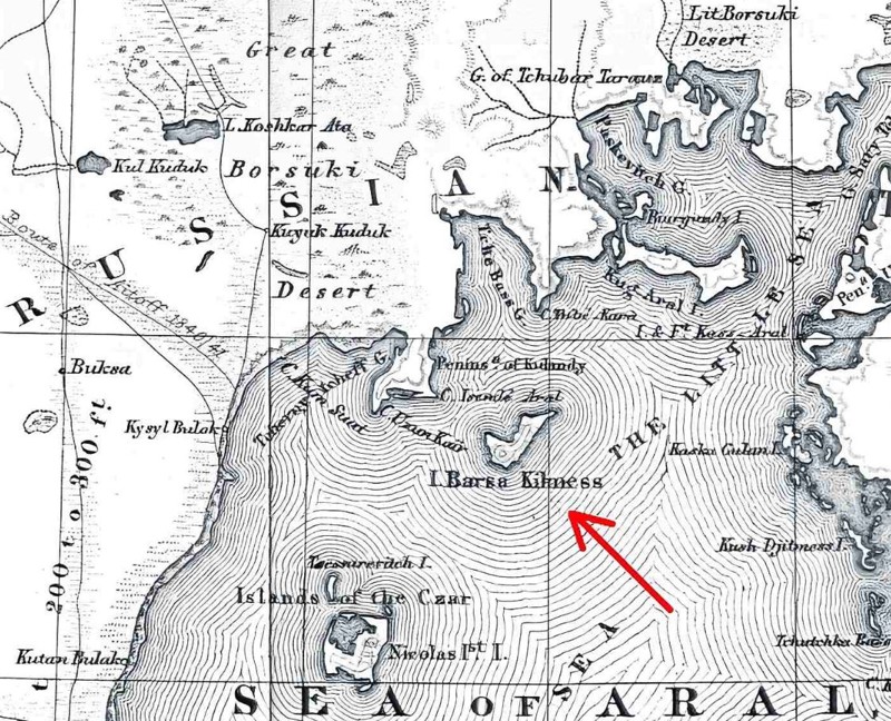 Mapa de 1853 del Mar de Aral y la isla de Barsa-Kelmes