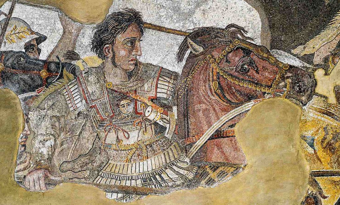 El "Mosaico de Alejandro", un antiguo mosaico romano en Pompeya que muestra a Alejandro Magno luchando contra Darío III de Persia en la Batalla de Issus