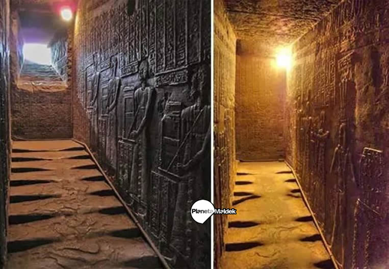Primer plano de las escaleras derretidas del Templo Hathor.
