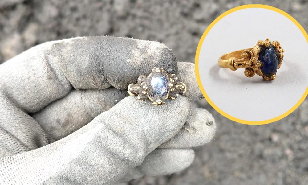 Encuentran un anillo medieval de oro con una deslumbrante gema azul en Noruega