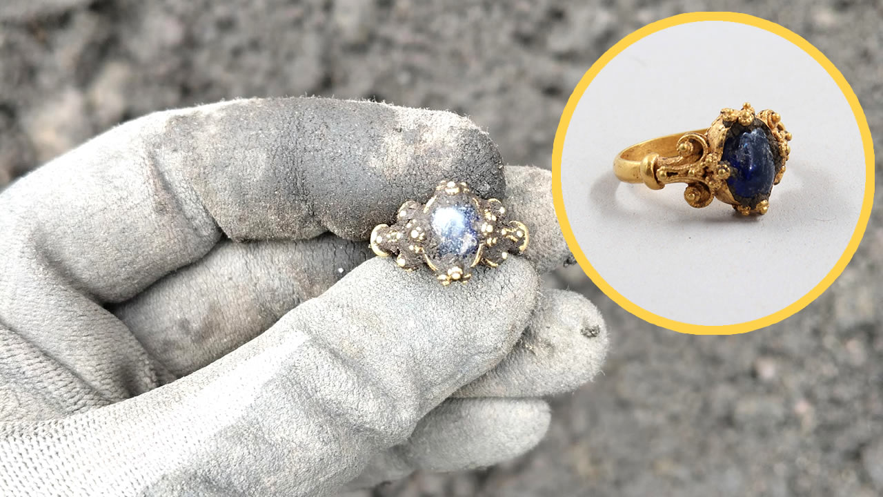Encuentran un anillo medieval de oro con una deslumbrante gema azul en Noruega